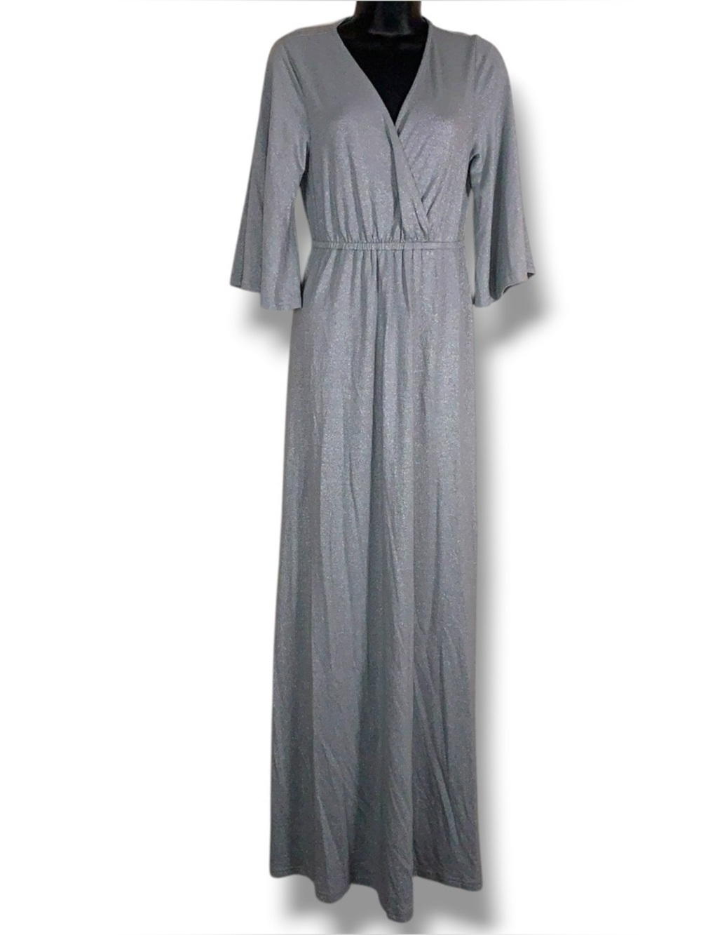 XS Mika Rose Silver Shimmer Maxi Dress Kimono Sleeve Glam Prom Event Evening